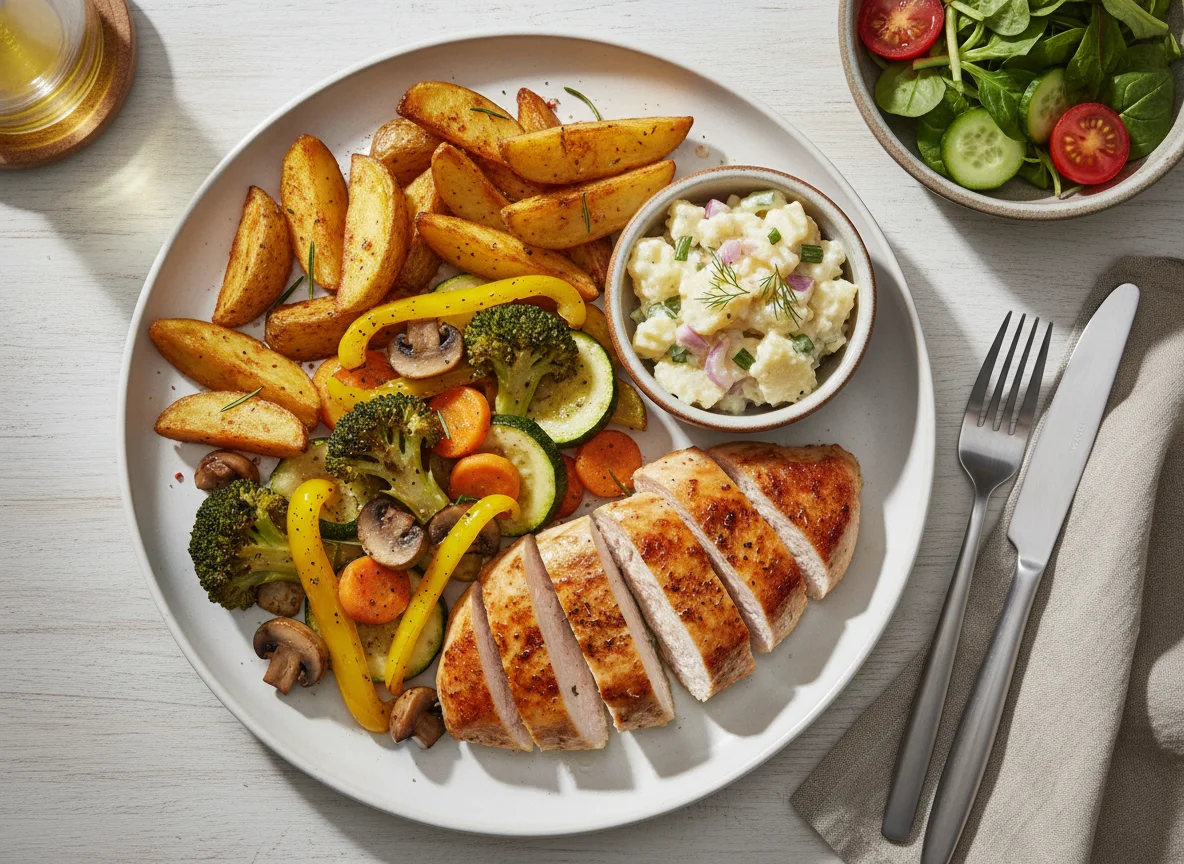 Hähnchenbrust mit Wedges und Gemüse photo