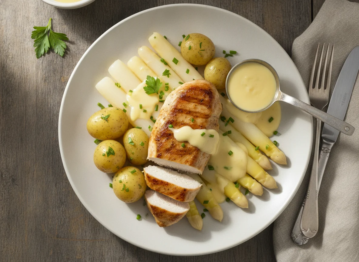 Hähnchenbrust mit weißem Spargel, Kartoffeln und Sauce Hollandaise photo