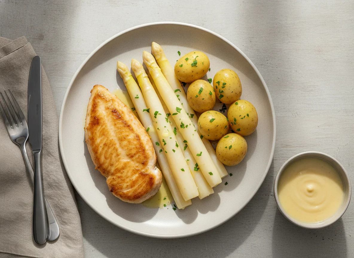 Hähnchenbrust mit weißem Spargel und Salzkartoffeln photo