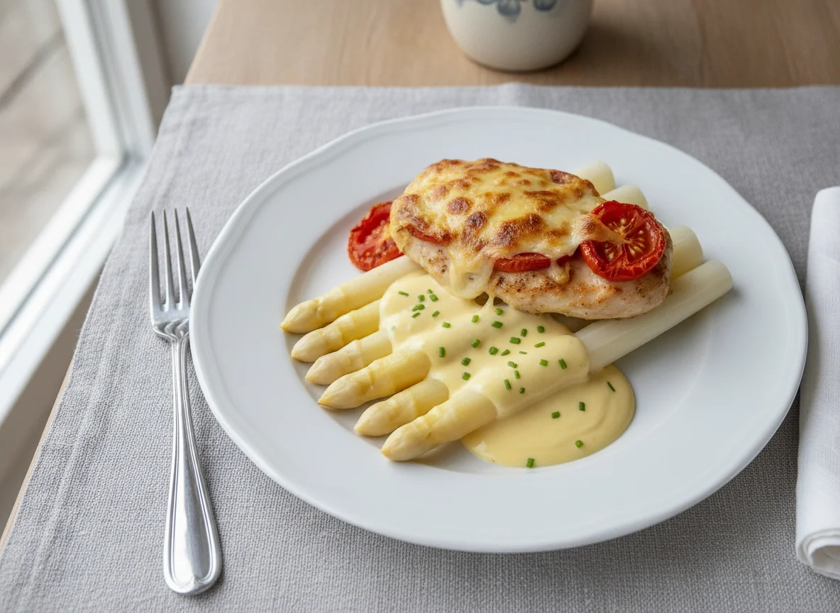 Hähnchenbrust mit weißem Spargel und Sauce Hollandaise photo