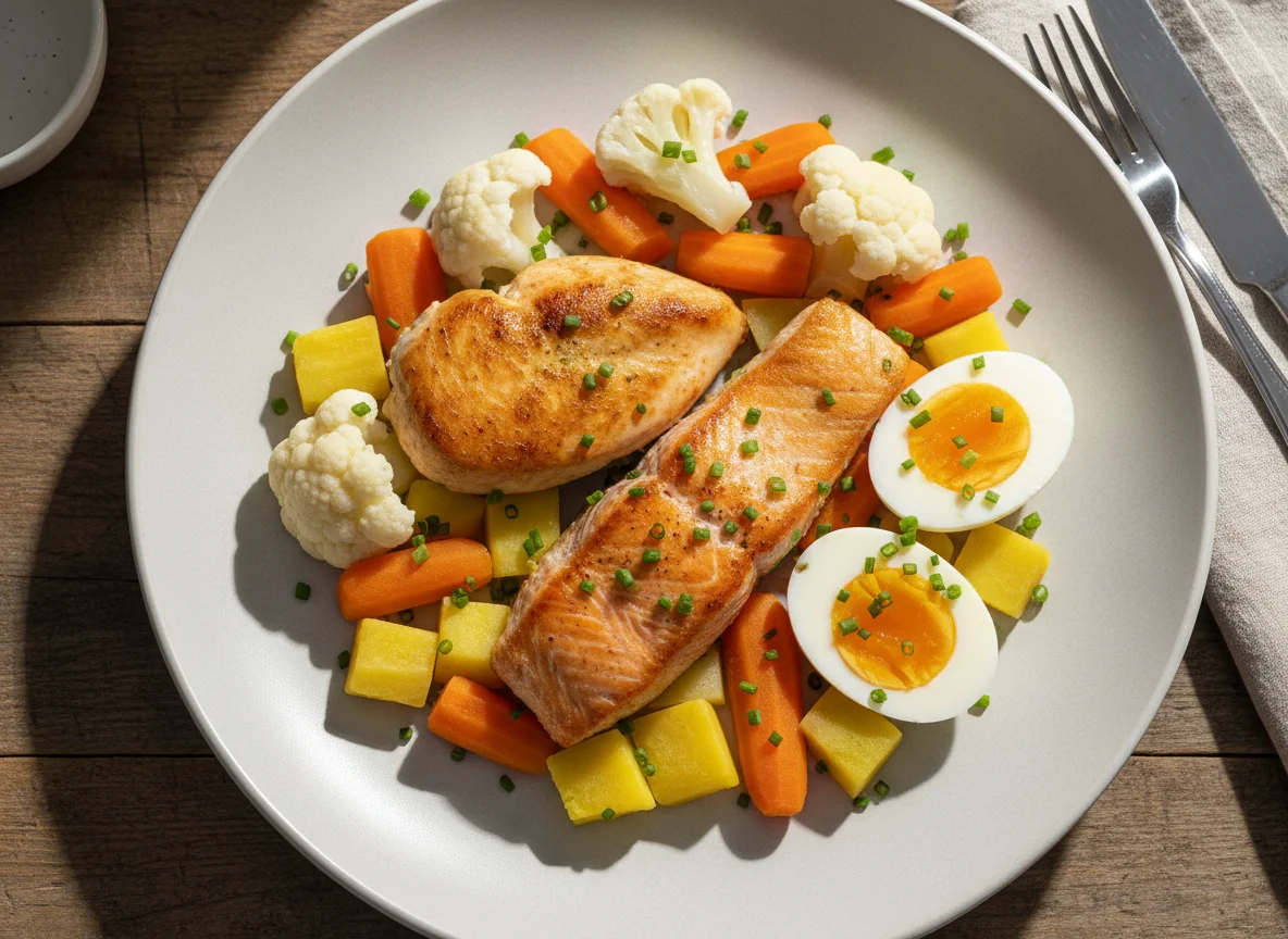 Hähnchenbrust und Lachs mit Gemüse und Ei photo