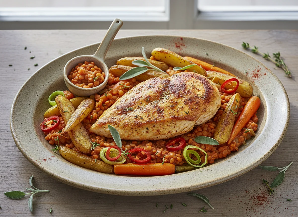 Hähnchenbrustfilet mit Linsen und Gemüse photo