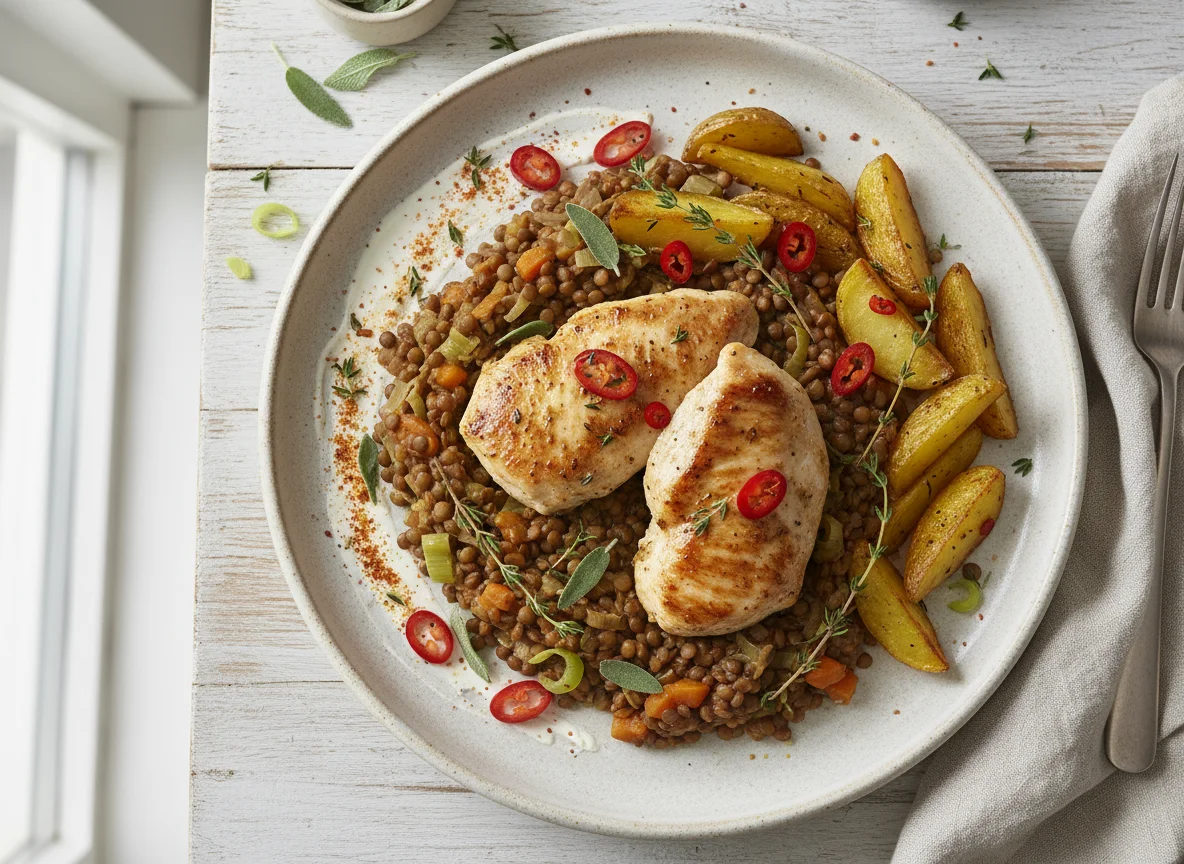 Hähnchenbrustfilet mit Linsen und Kartoffeln photo