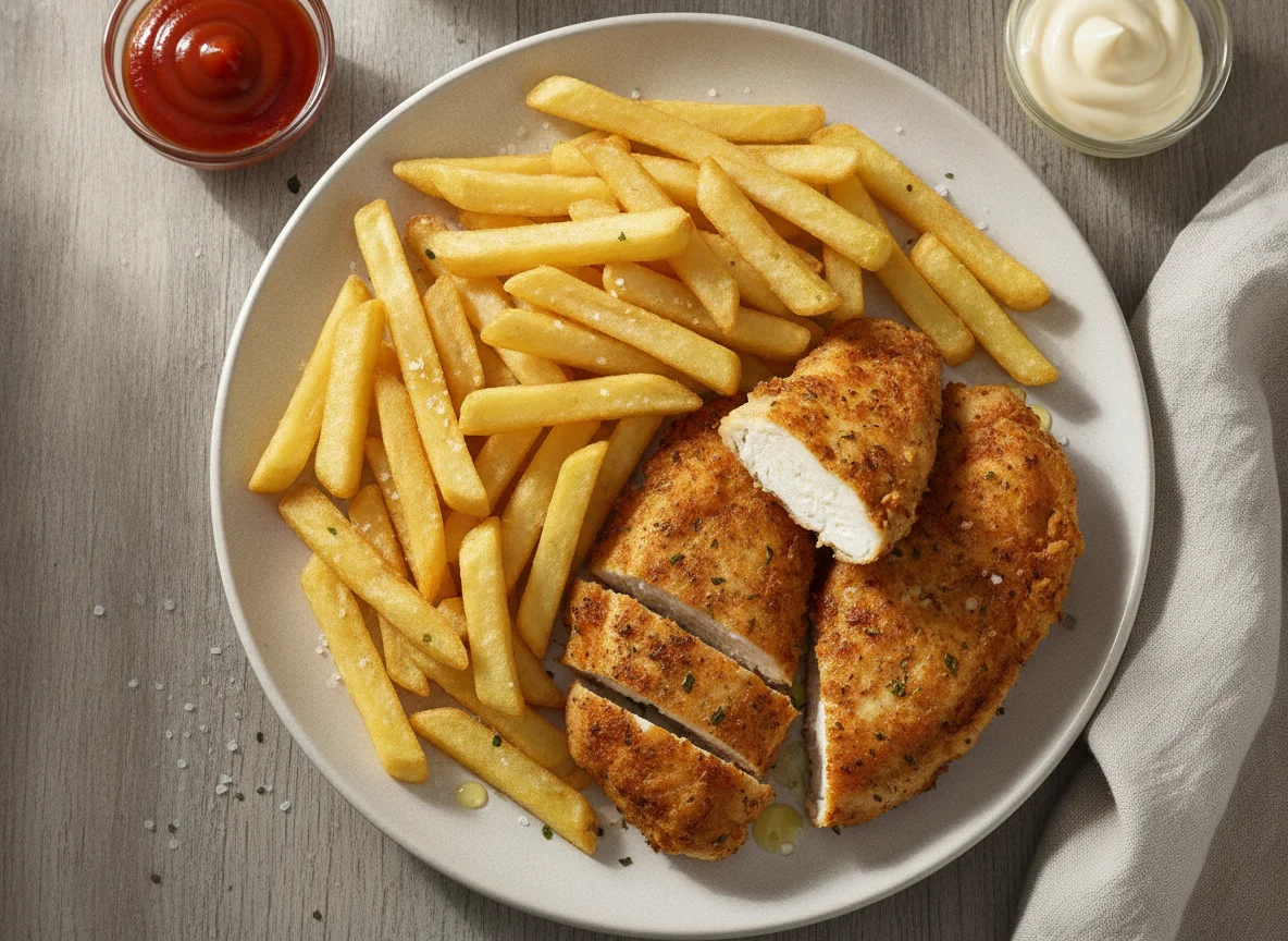 Hähnchenbrustfilet mit Pommes Frites photo