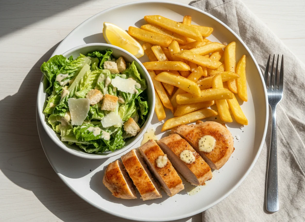 Hähnchenbrustfilet mit Pommes und Caesar-Salat photo