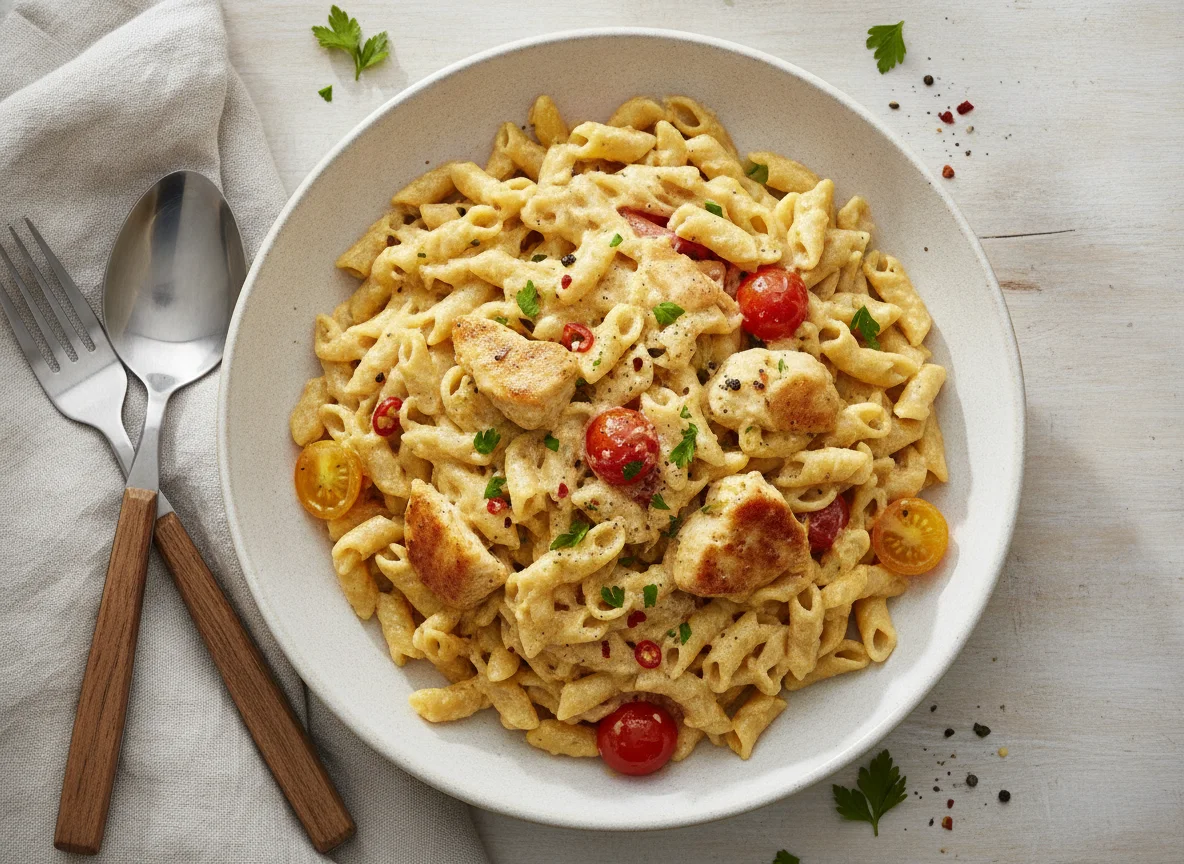 Hähnchenbrustfiletstücke auf Dinkelnudeln in Käserahmsauce photo