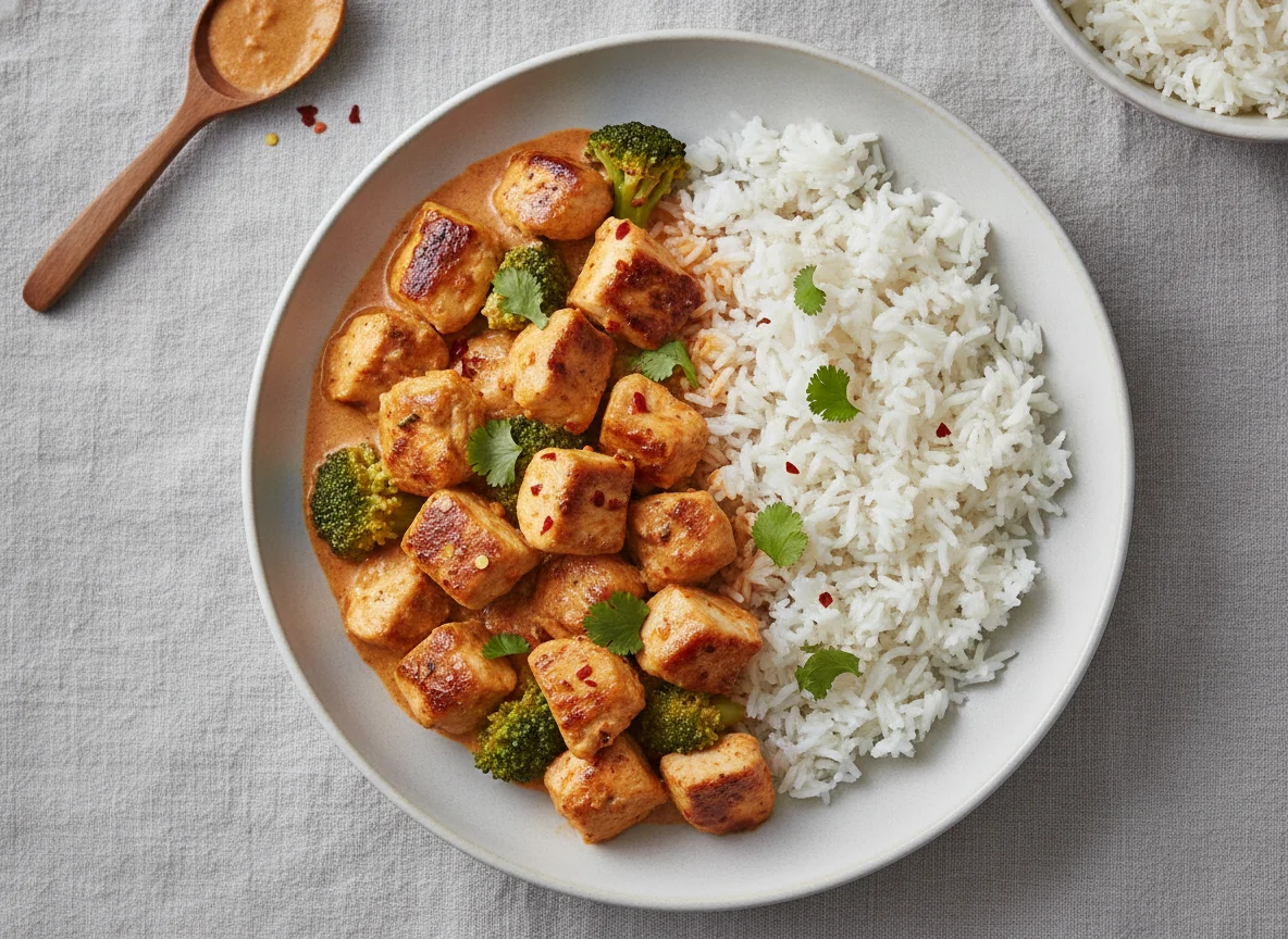 Hähnchenbrustfiletstücke in Kokos-Chilisauce mit Reis und Brokkoli photo