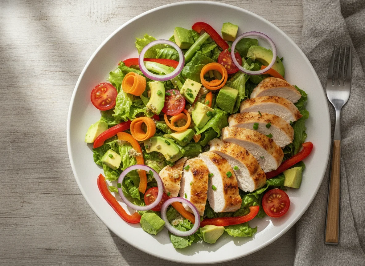 Hähnchenbrustsalat mit Avocado und Gemüse photo