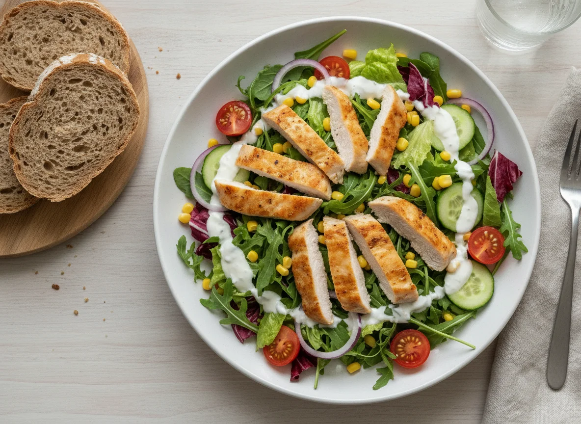 Hähnchenbrust-Salat mit Brot photo