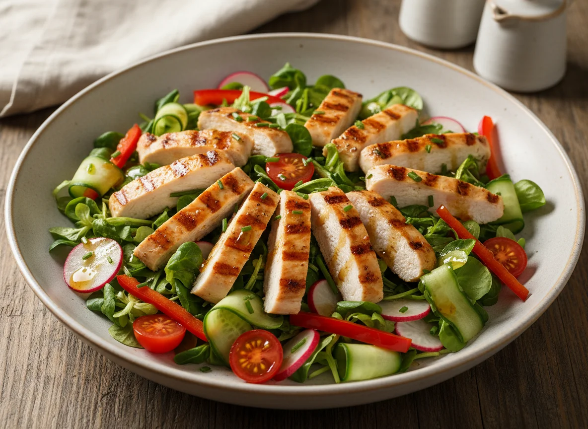 Hähnchenbrust-Salat mit Feldsalat und Gemüse photo