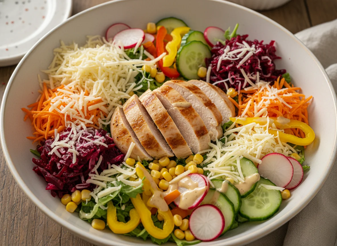 Hähnchenbrustsalat mit Gemüse und Käse photo