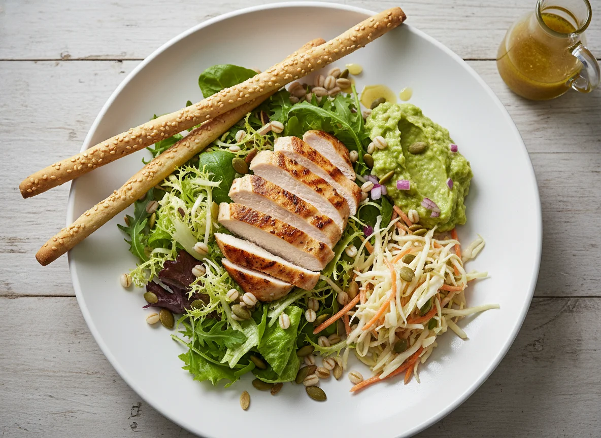 Hähnchenbrustsalat mit Guacamole und Brotstangen photo