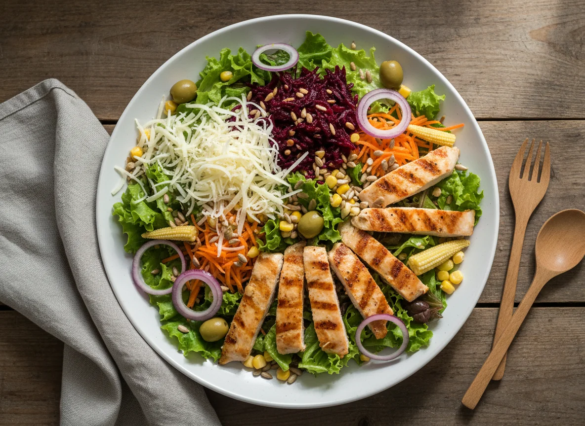 Hähnchenbrustsalat mit verschiedenen Gemüsen und Kernen photo