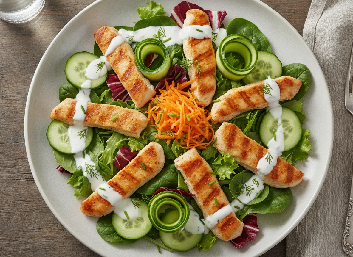 Hähnchenbruststreifen auf gemischtem Salat photo