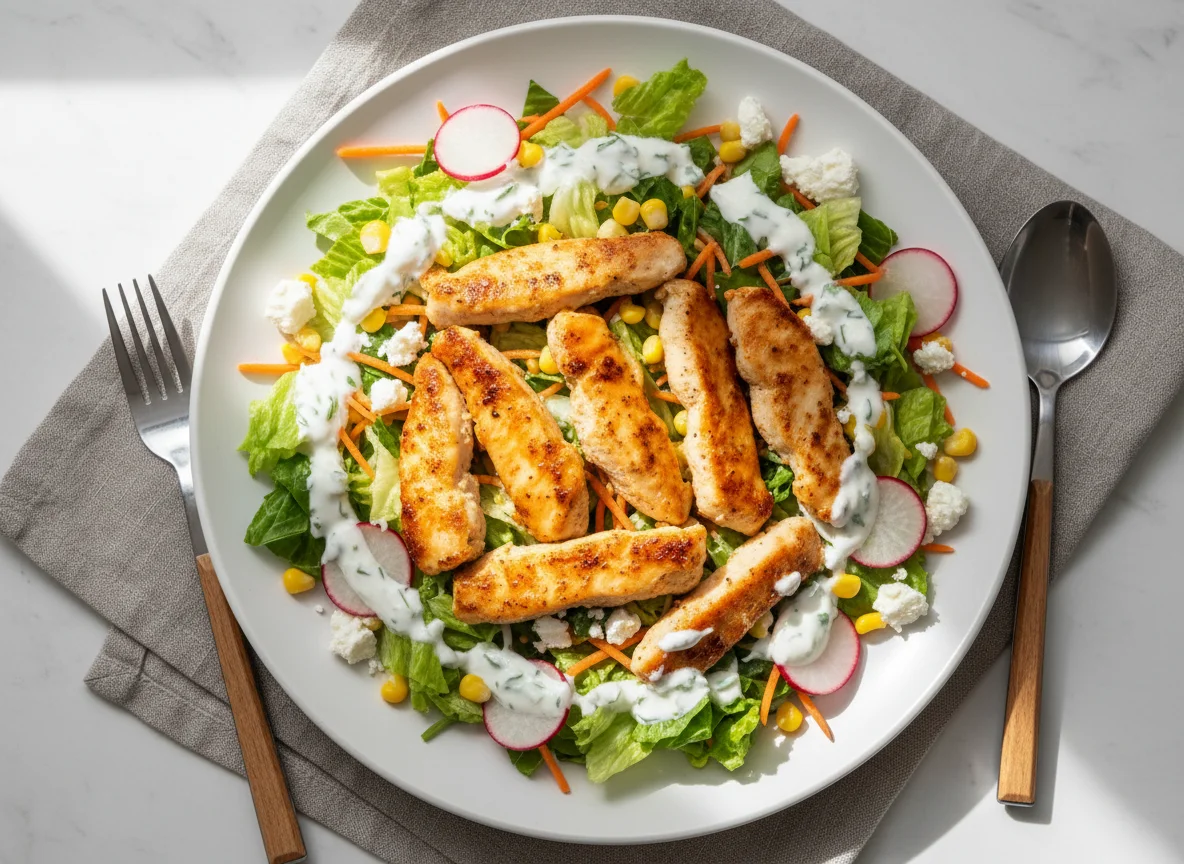 Hähnchenbruststreifen mit gemischtem Salat photo