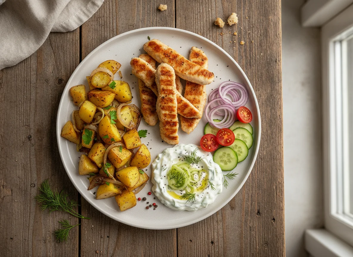 Hähnchenbruststreifen mit Kartoffelsalat und Tzatziki photo