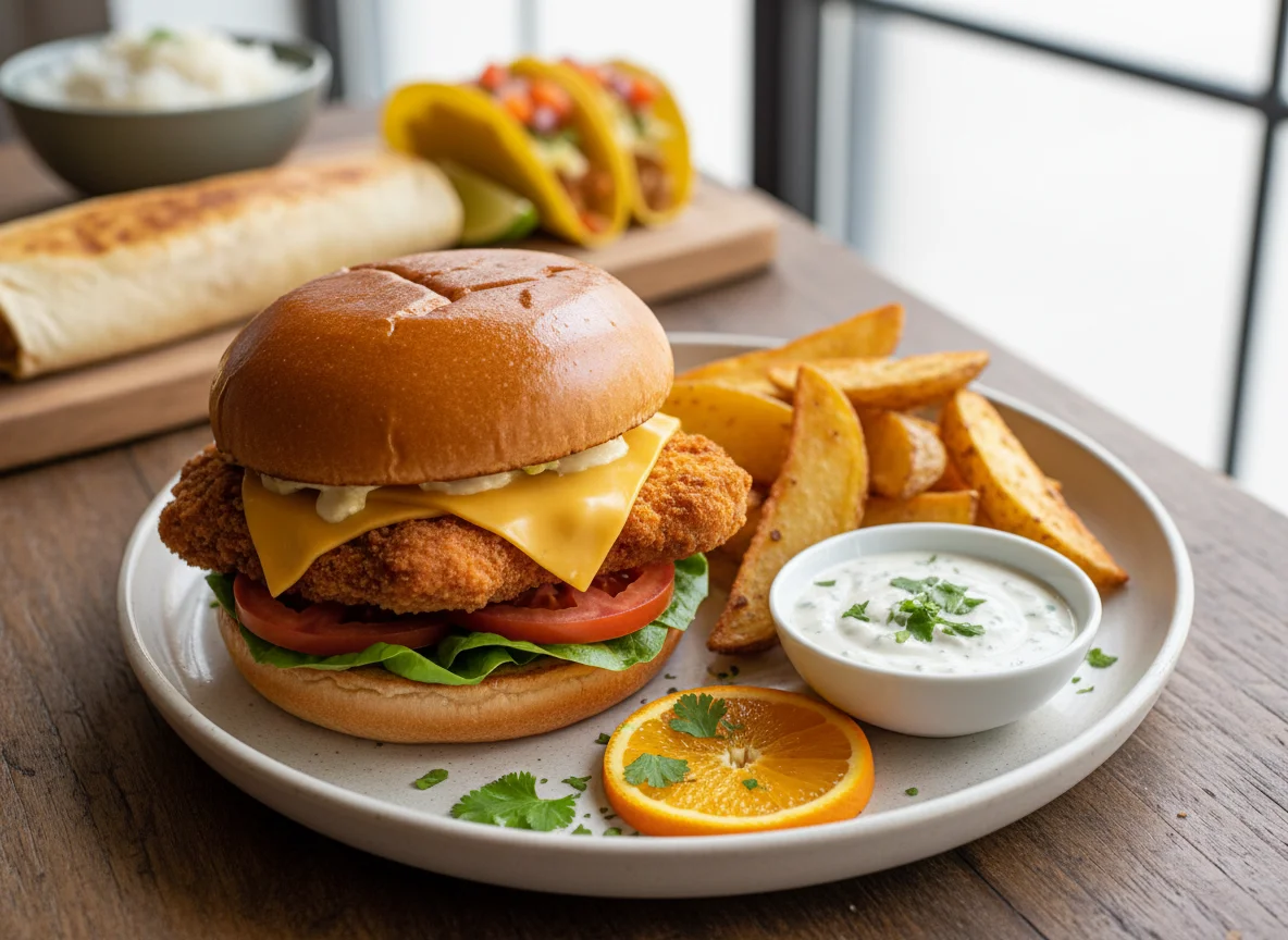 Hähnchenburger mit Kartoffelspalten und Dip photo
