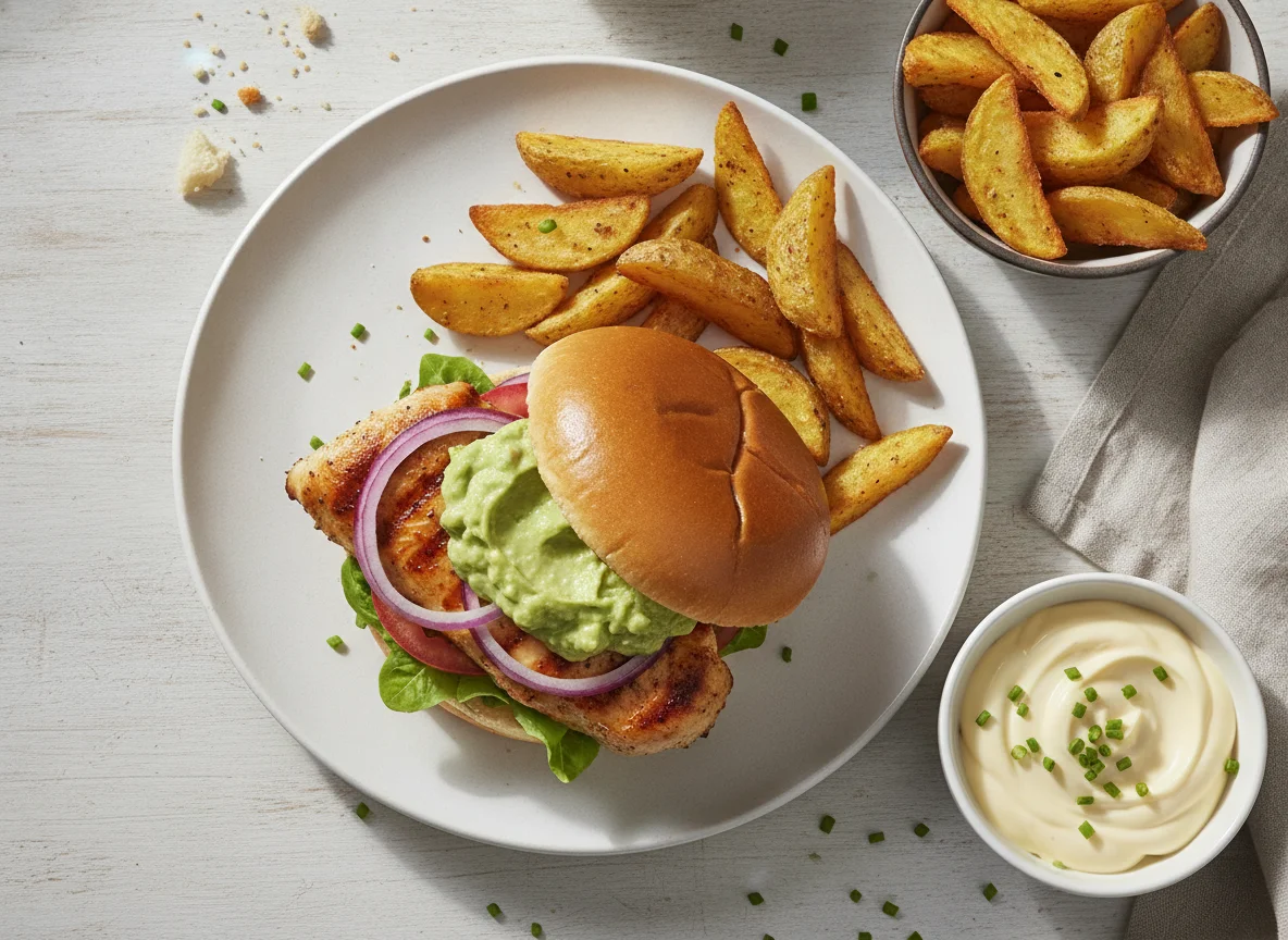 Hähnchen-Burger mit Kartoffelspalten und Dip photo