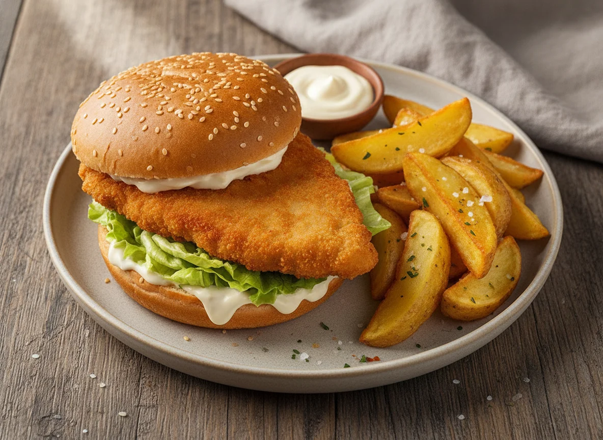 Hähnchen-Burger mit Kartoffelspalten photo