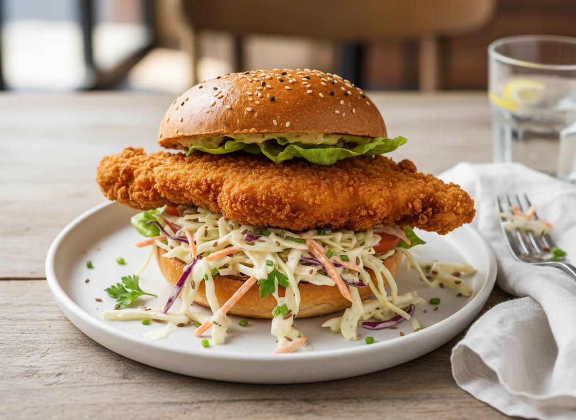 Hähnchen-Burger mit Krautsalat photo