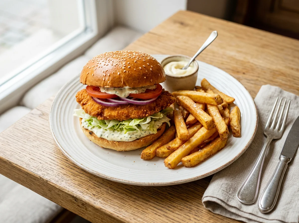 Hähnchenburger mit Pommes Frites photo