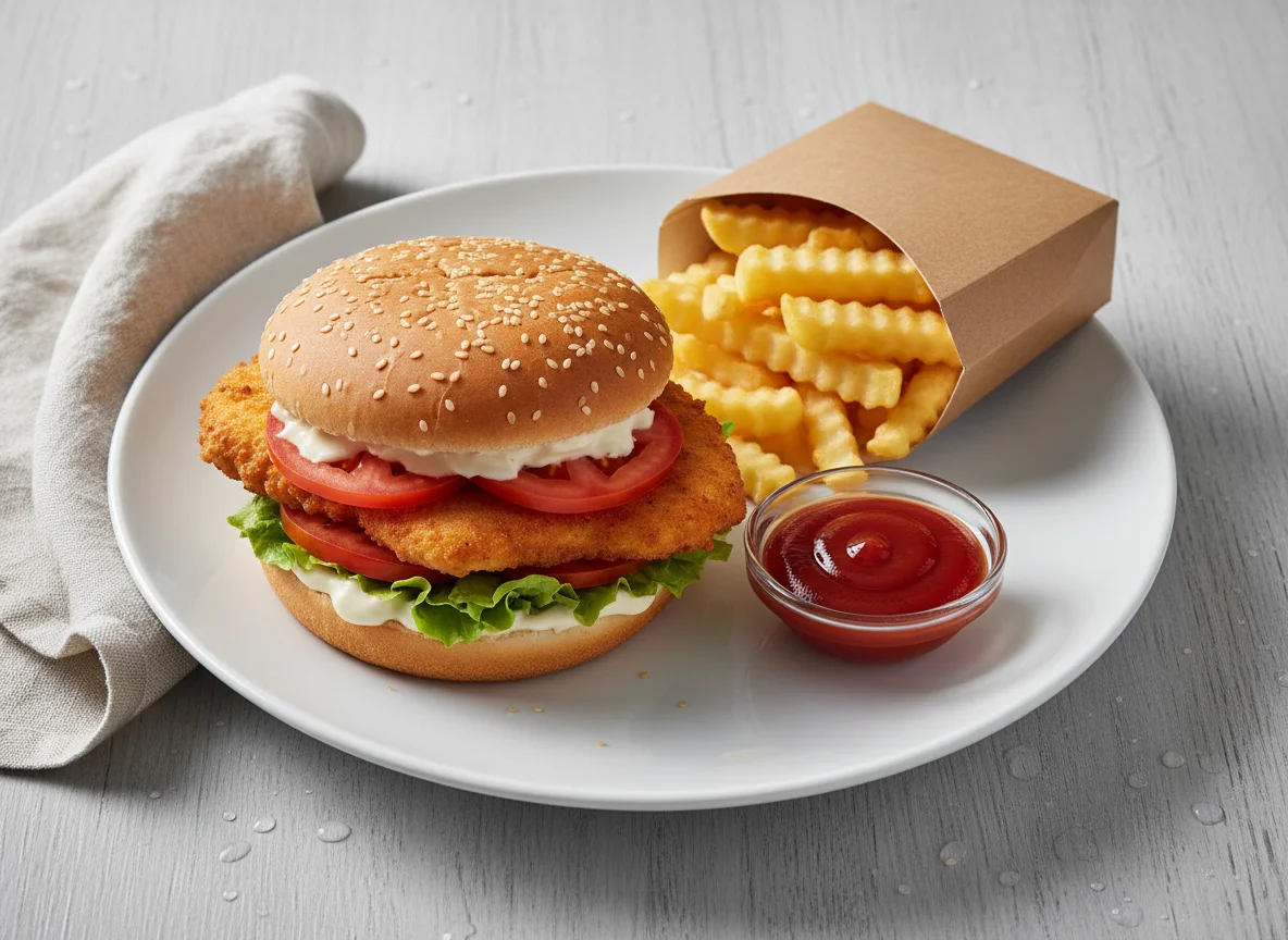 Hähnchenburger mit Pommes Frites und Ketchup photo