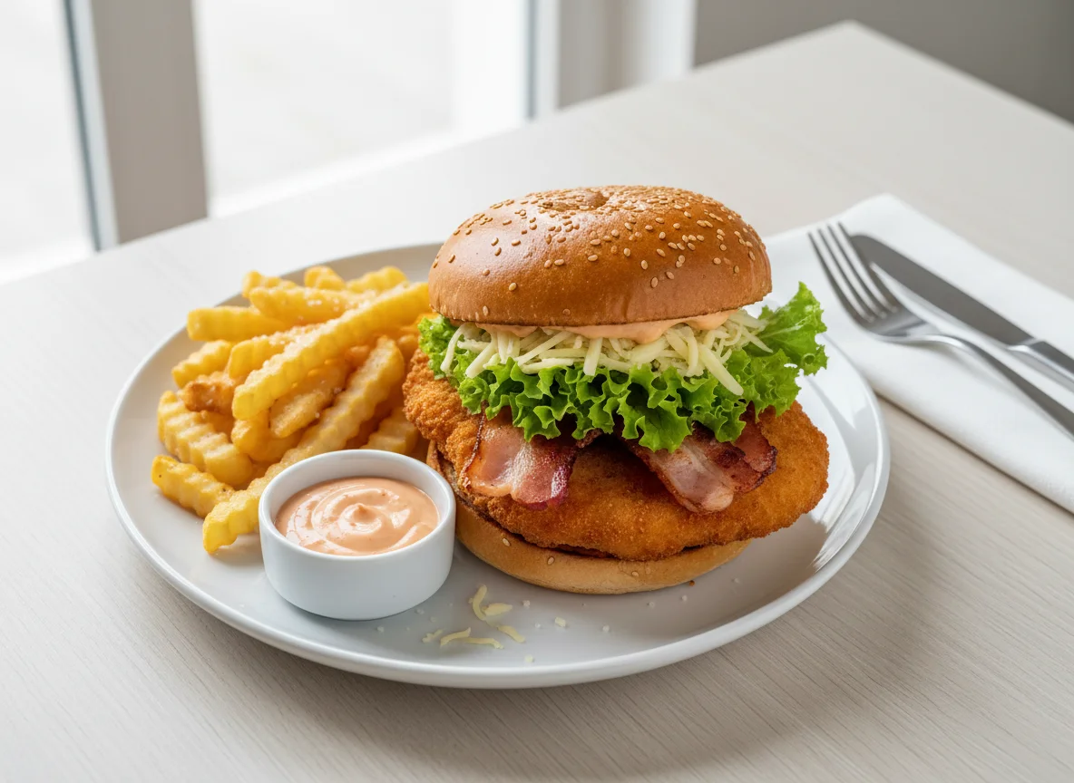 Hähnchenburger mit Pommes Frites und Sauce photo