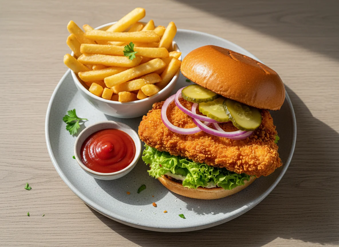 Hähnchen-Burger mit Pommes und Ketchup photo