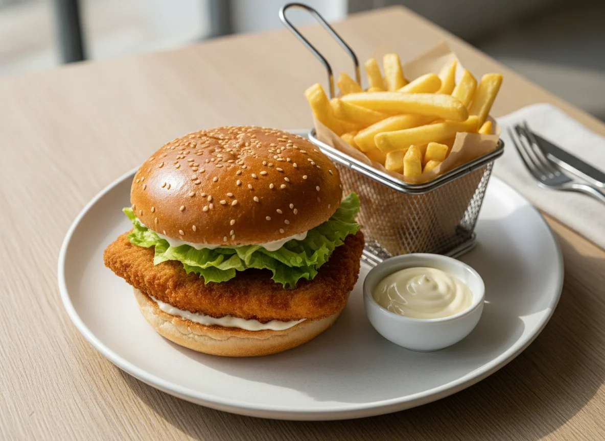 Hähnchen-Burger mit Pommes und Mayonnaise photo