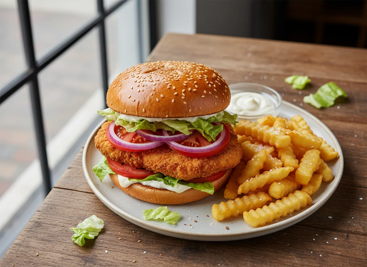 Hähnchenburger mit Salat, Zwiebel, Tomate und Pommes photo
