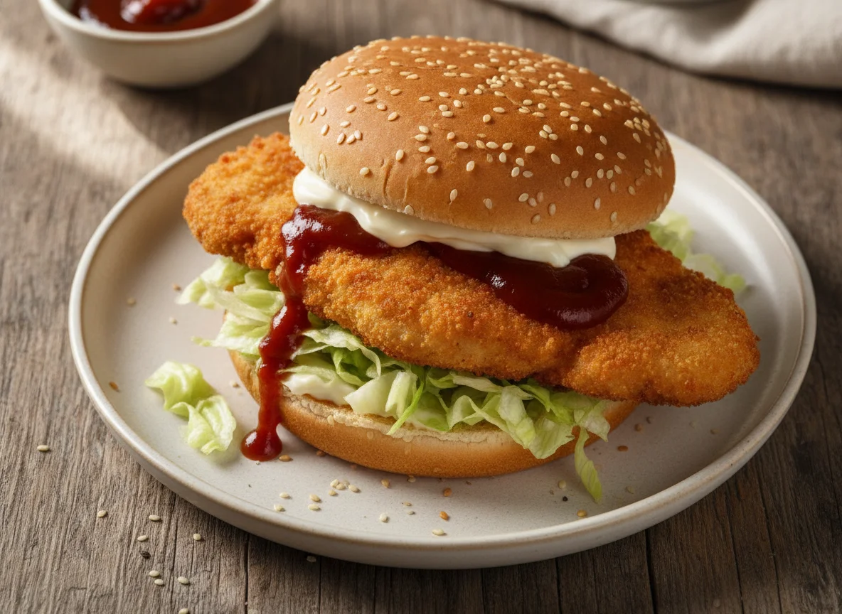 Hähnchen-Burger mit Sesambrötchen photo