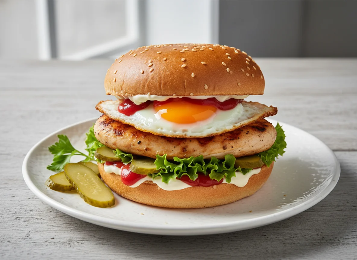 Hähnchen-Burger mit Spiegelei photo