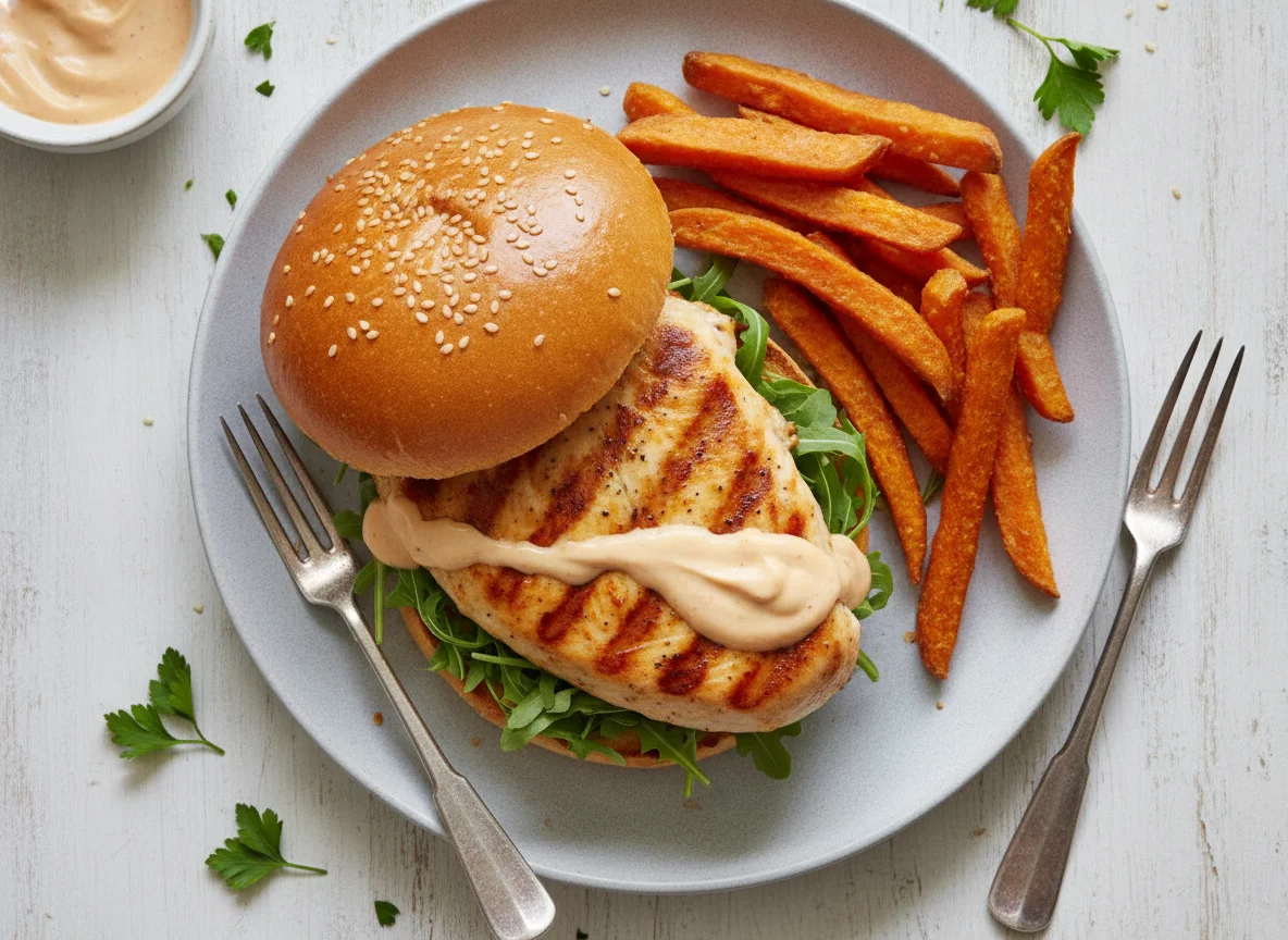 Hähnchen-Burger mit Süßkartoffel-Pommes photo