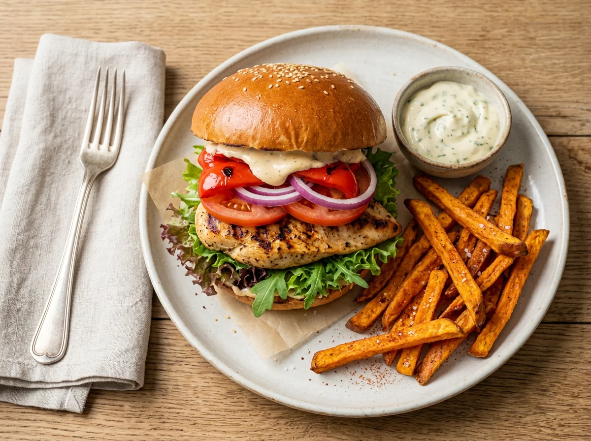 Hähnchenburger mit Süßkartoffelpommes photo