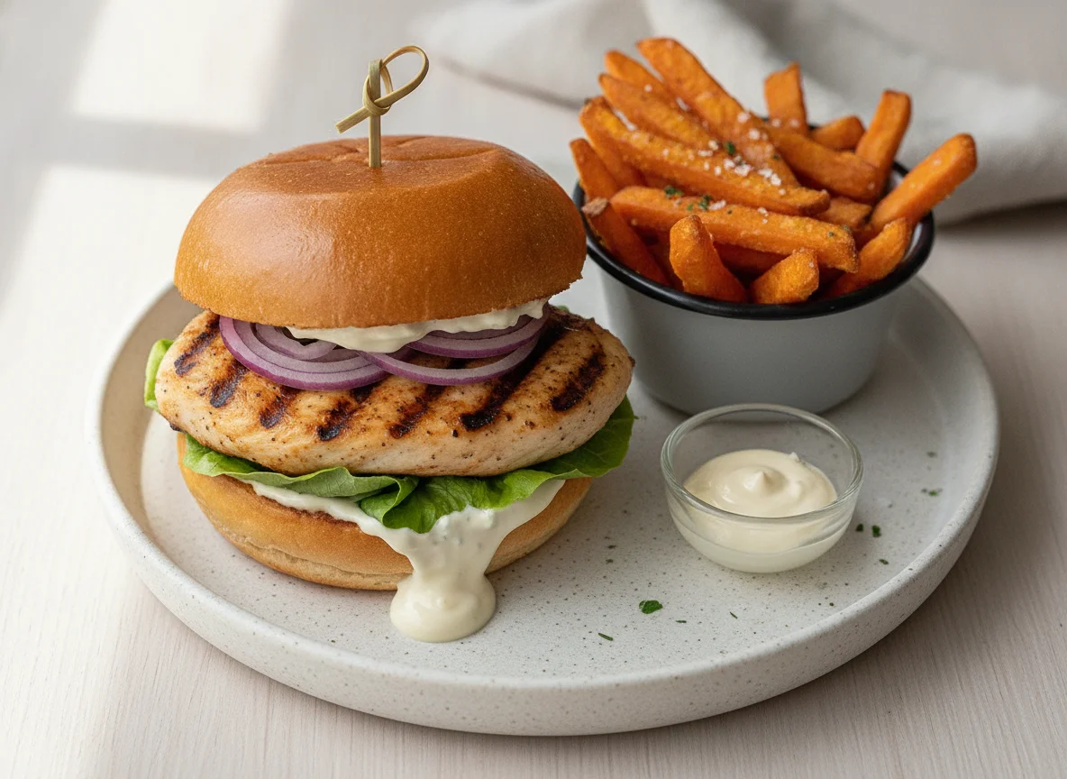 Hähnchen-Burger mit Süßkartoffelpommes photo