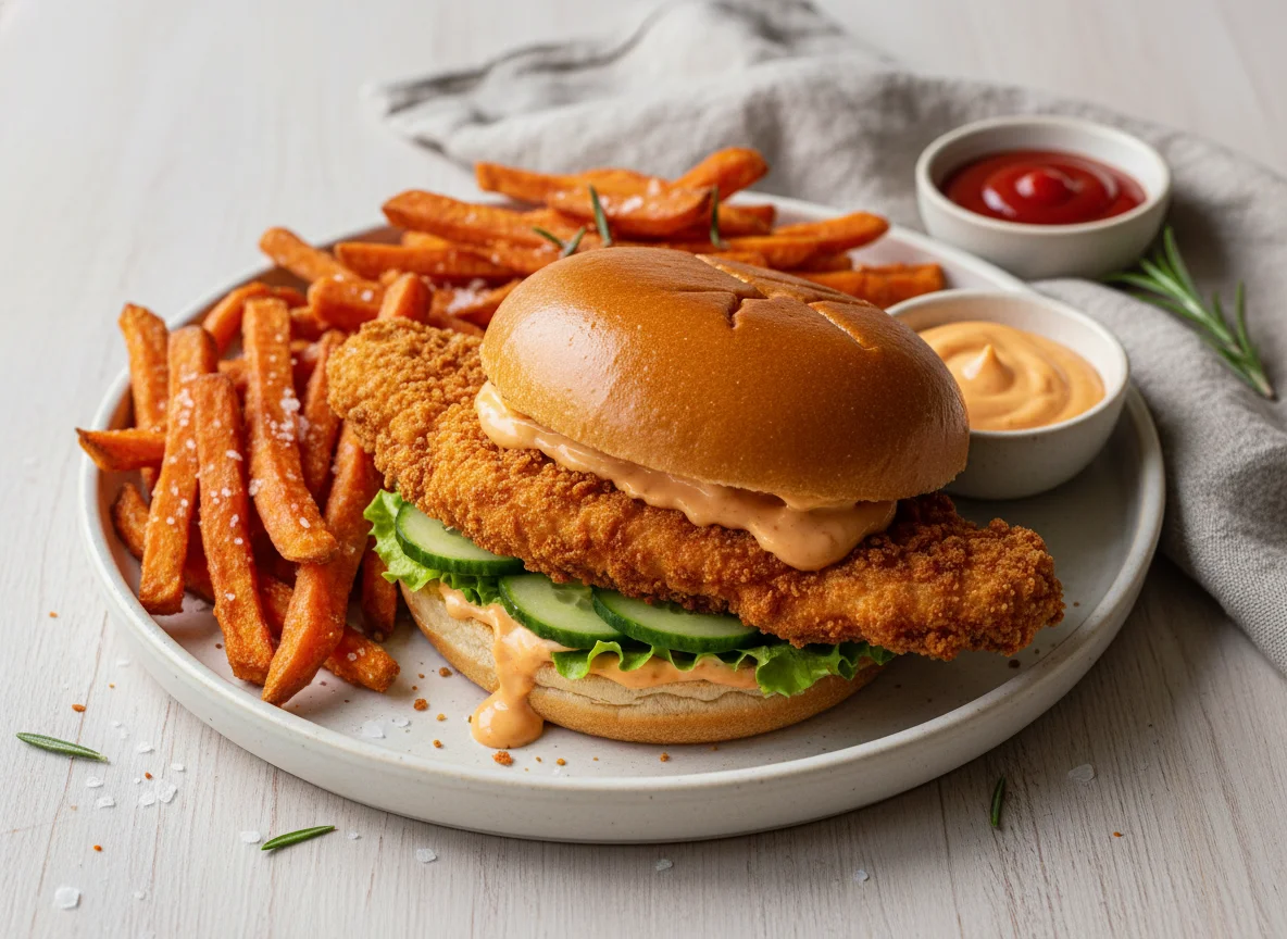 Hähnchenburger mit Süßkartoffelpommes und Saucen photo