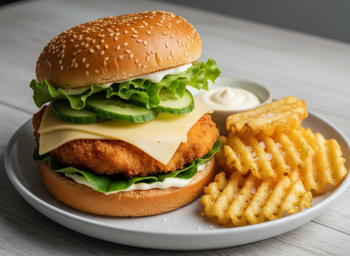 Hähnchenburger mit Waffelpommes photo