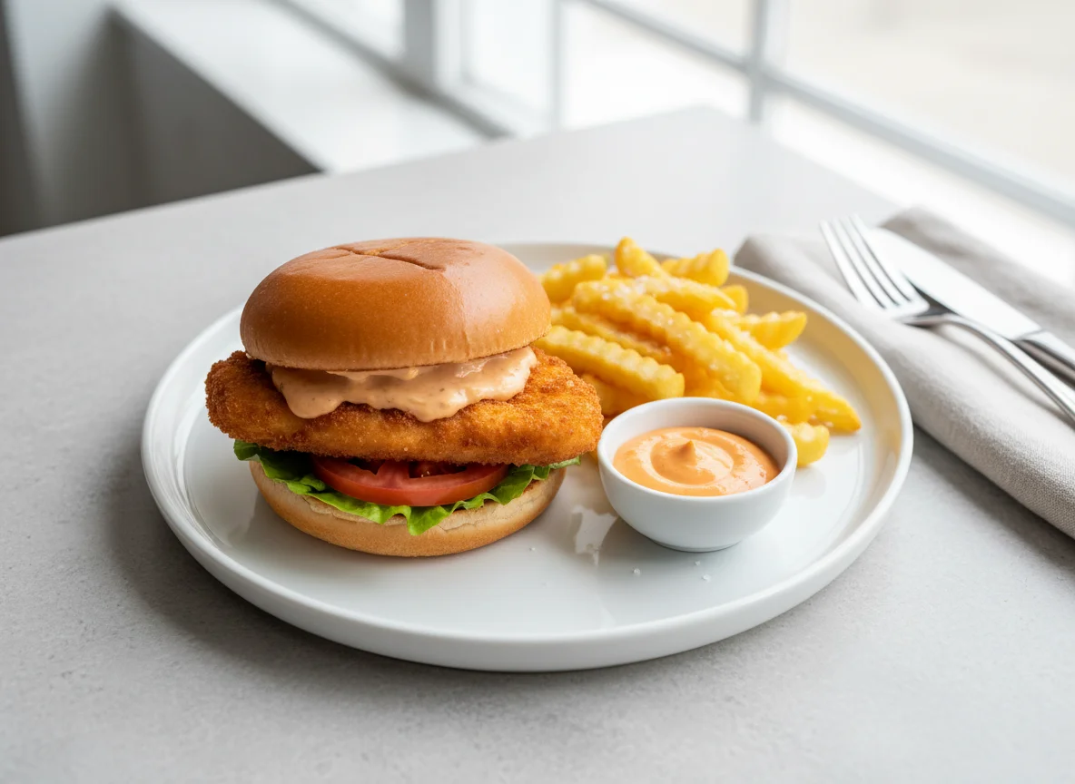 Hähnchenburger-Menü mit Pommes Frites und Sauce photo