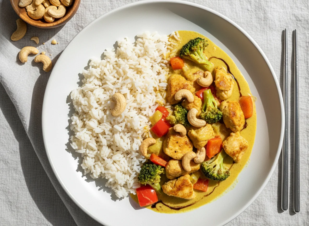Hähnchen-Cashew-Curry mit Reis photo