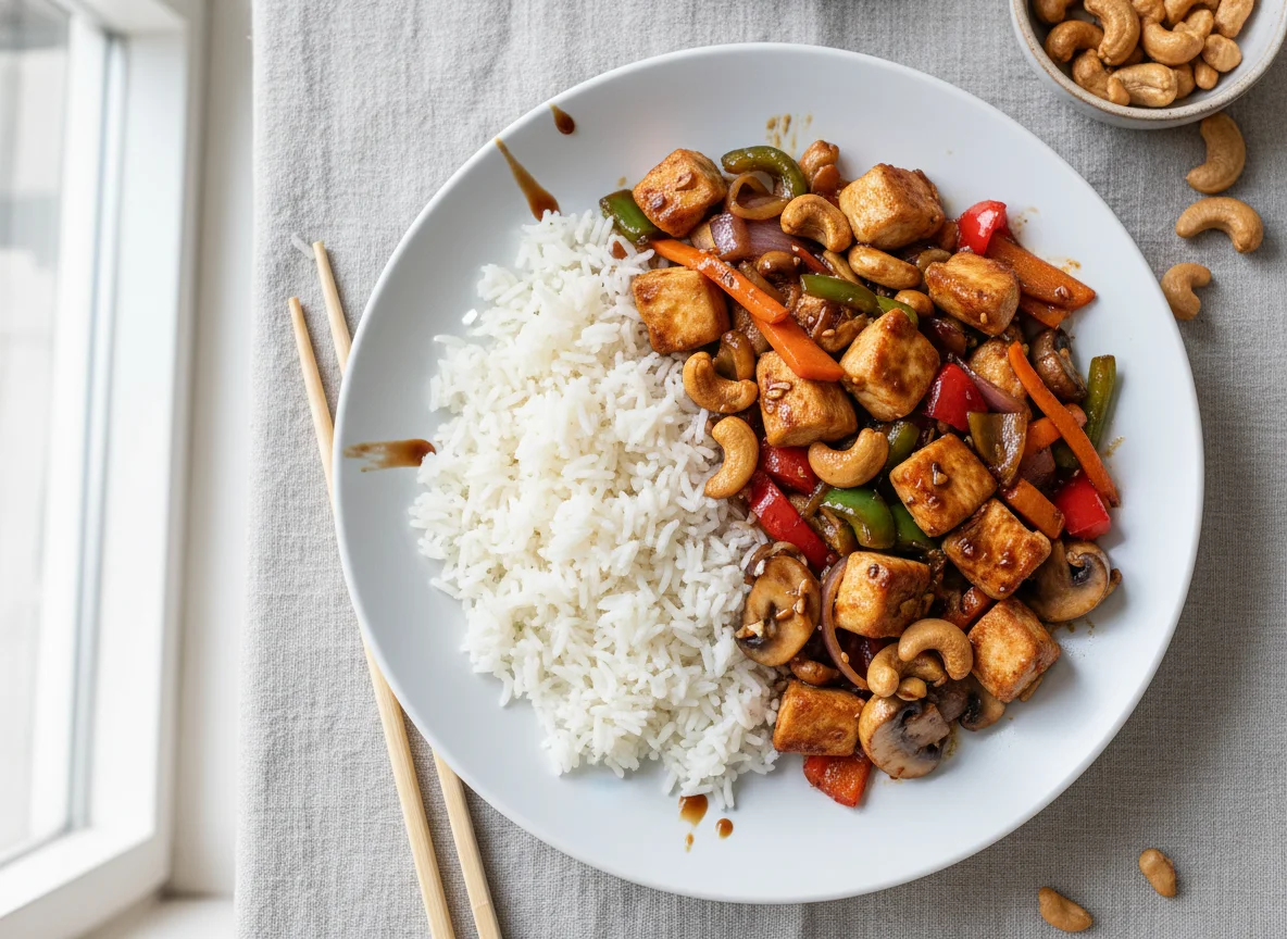 Hähnchen-Cashew-Pfanne mit Reis photo