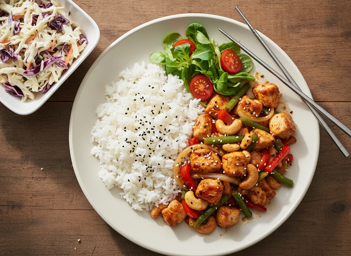 Hähnchen-Cashew-Pfanne mit Reis und Krautsalat photo