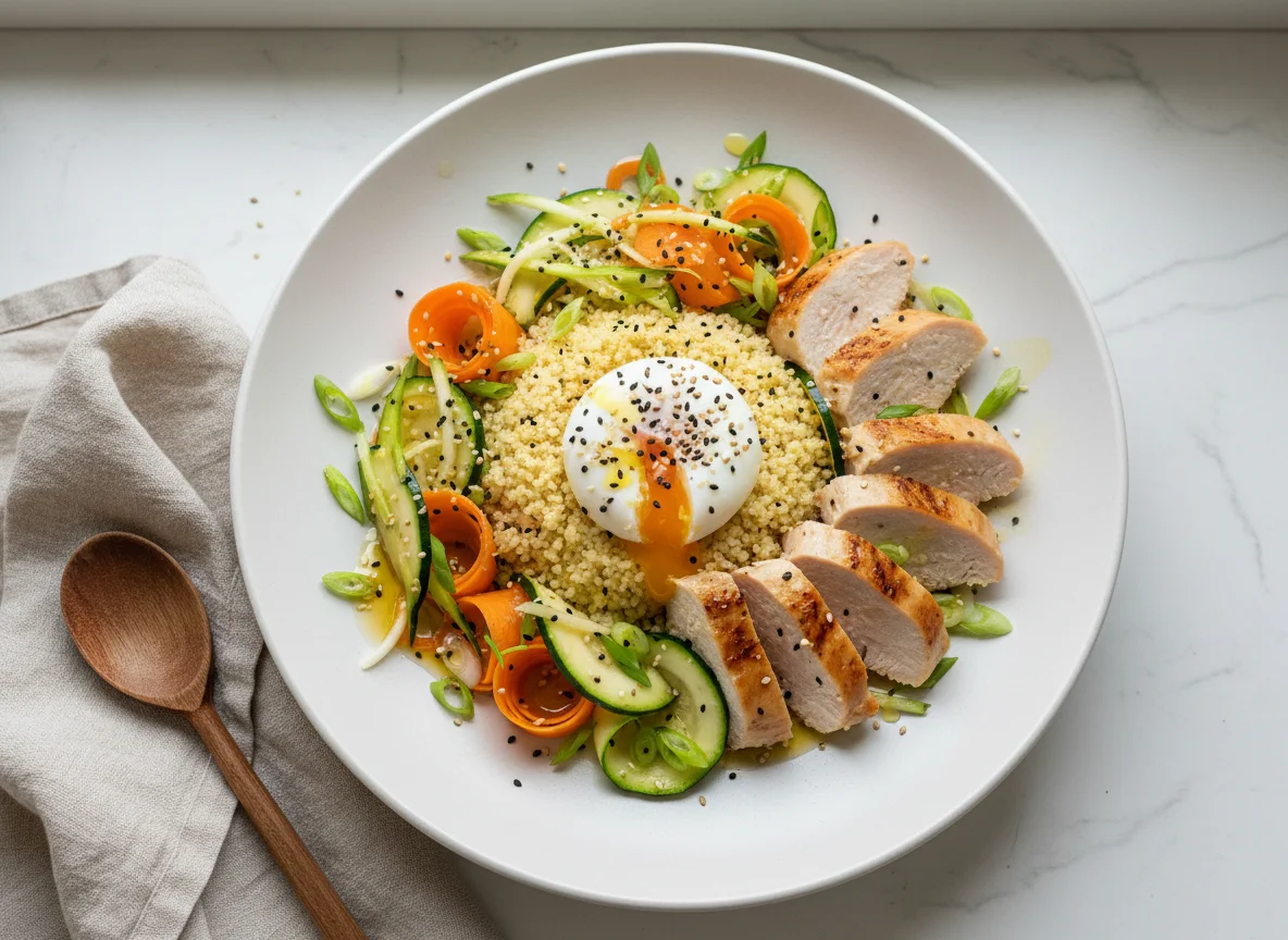 Hähnchen-Couscous-Salat mit pochiertem Ei photo