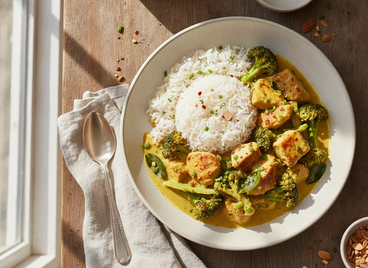 Hähnchen-Curry mit Brokkoli und Reis photo