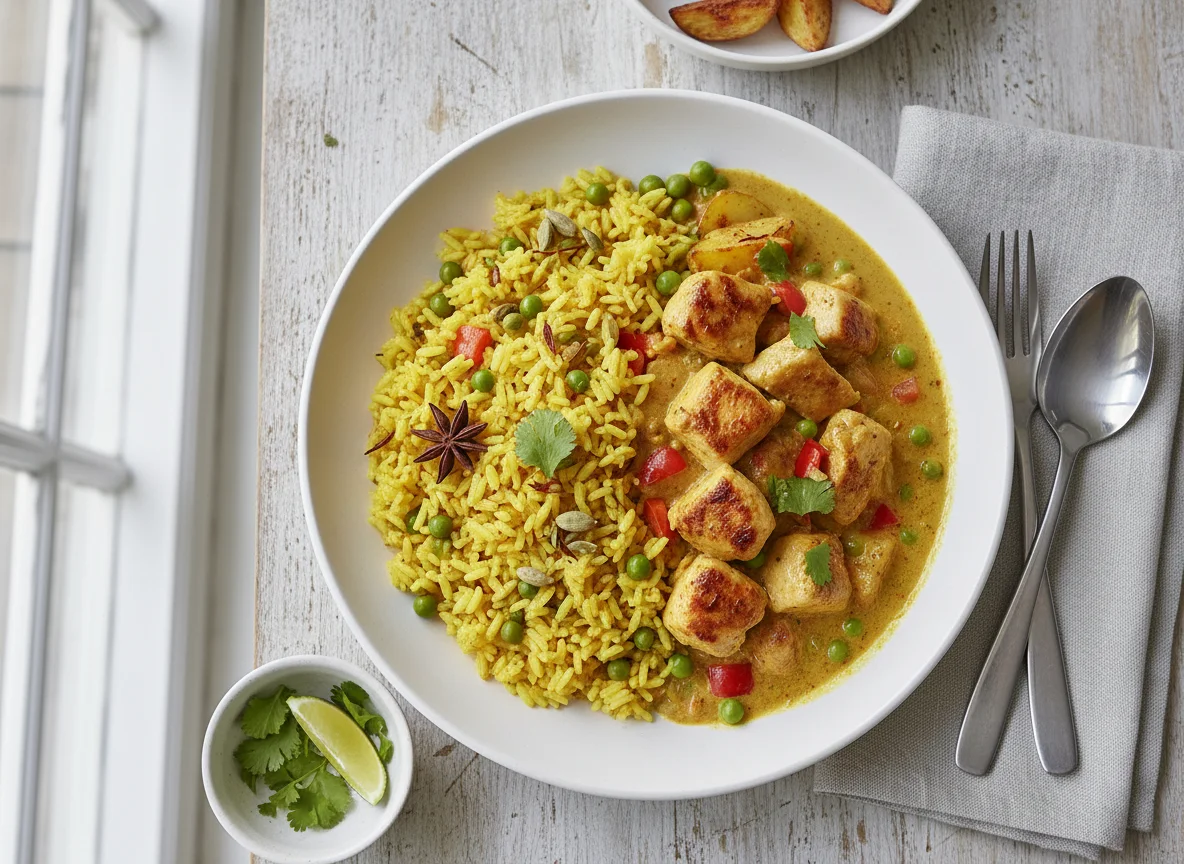 Hähnchen-Curry mit gelbem Reis photo