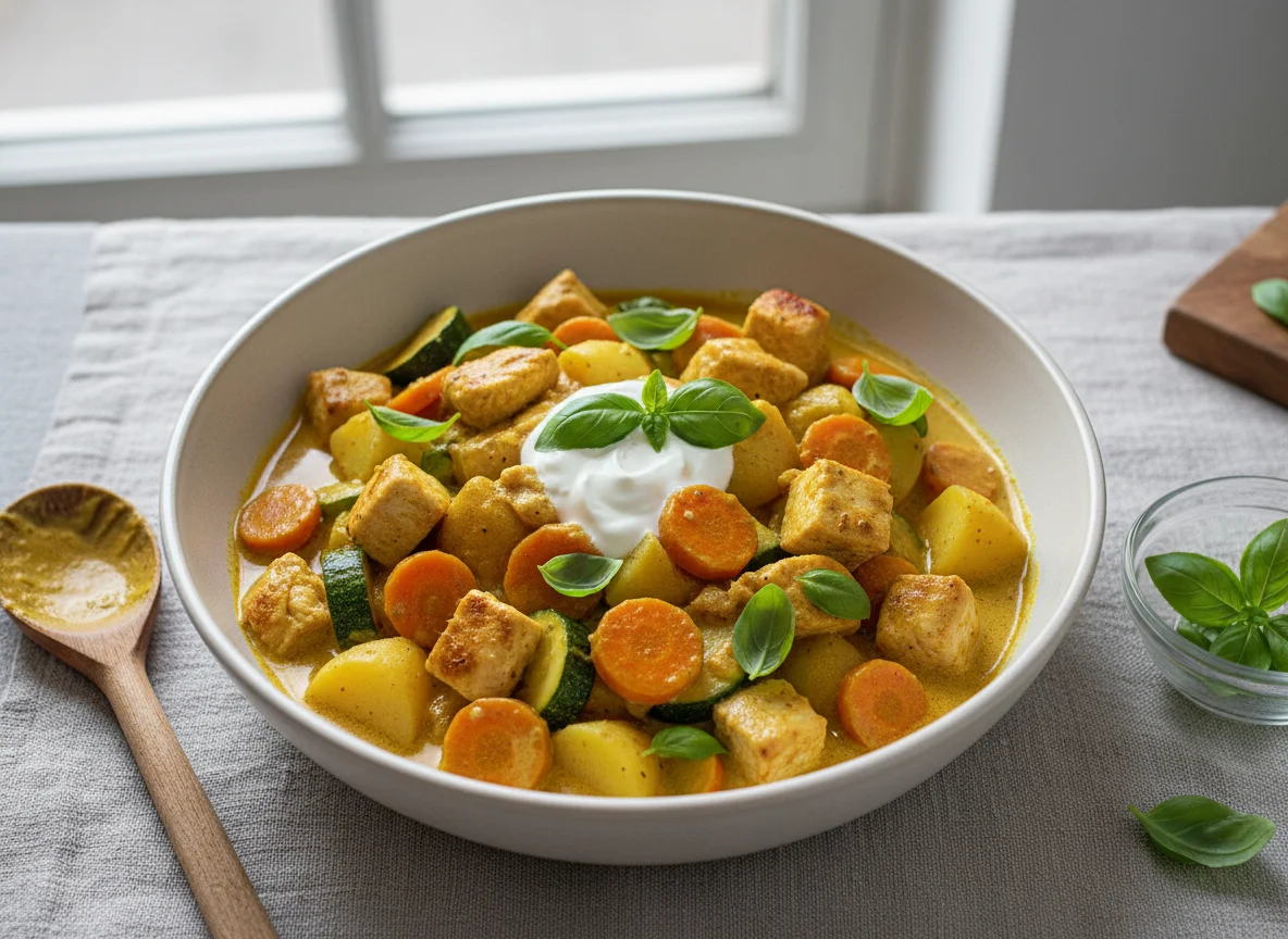 Hähnchen-Curry mit Gemüse und Basilikum photo