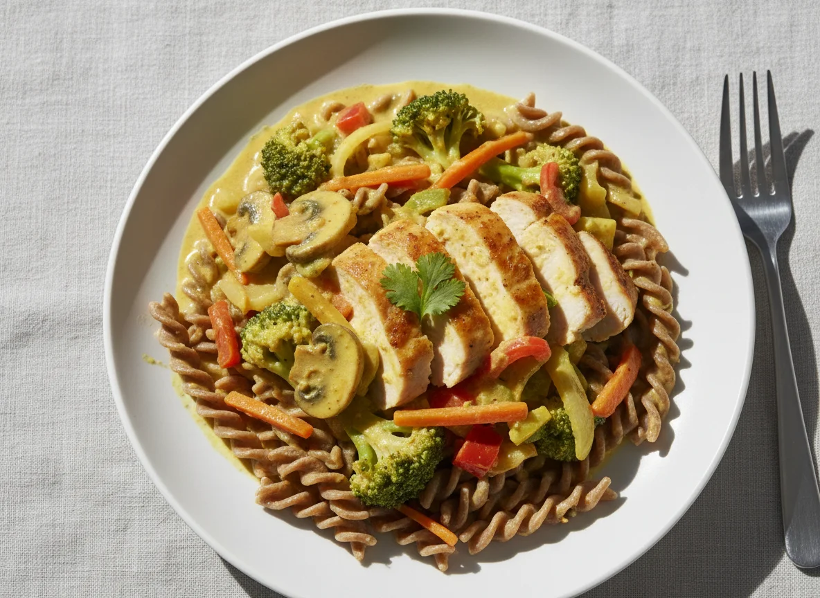 Hähnchen-Curry mit Gemüse und Nudeln photo