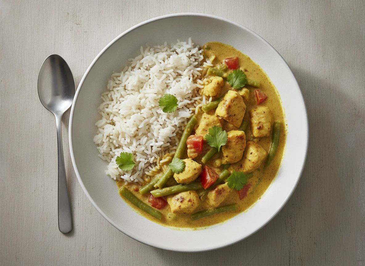 Hähnchen-Curry mit grünen Bohnen und Reis photo