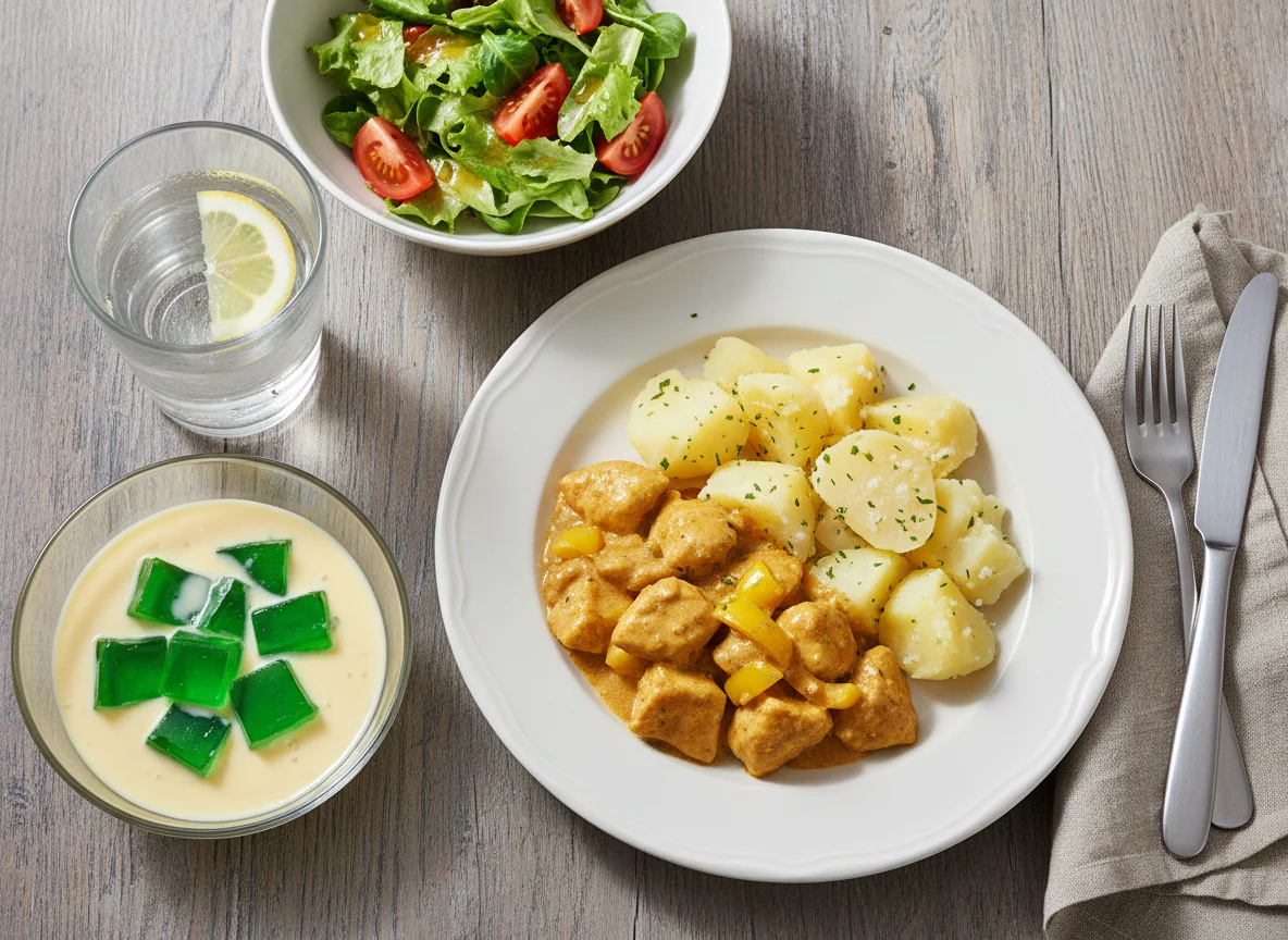 Hähnchen-Curry mit Kartoffeln, Beilagensalat und Dessert photo