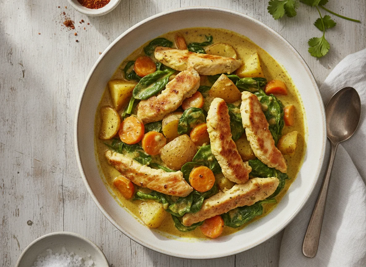 Hähnchen-Curry mit Kartoffeln, Karotten und Spinat photo