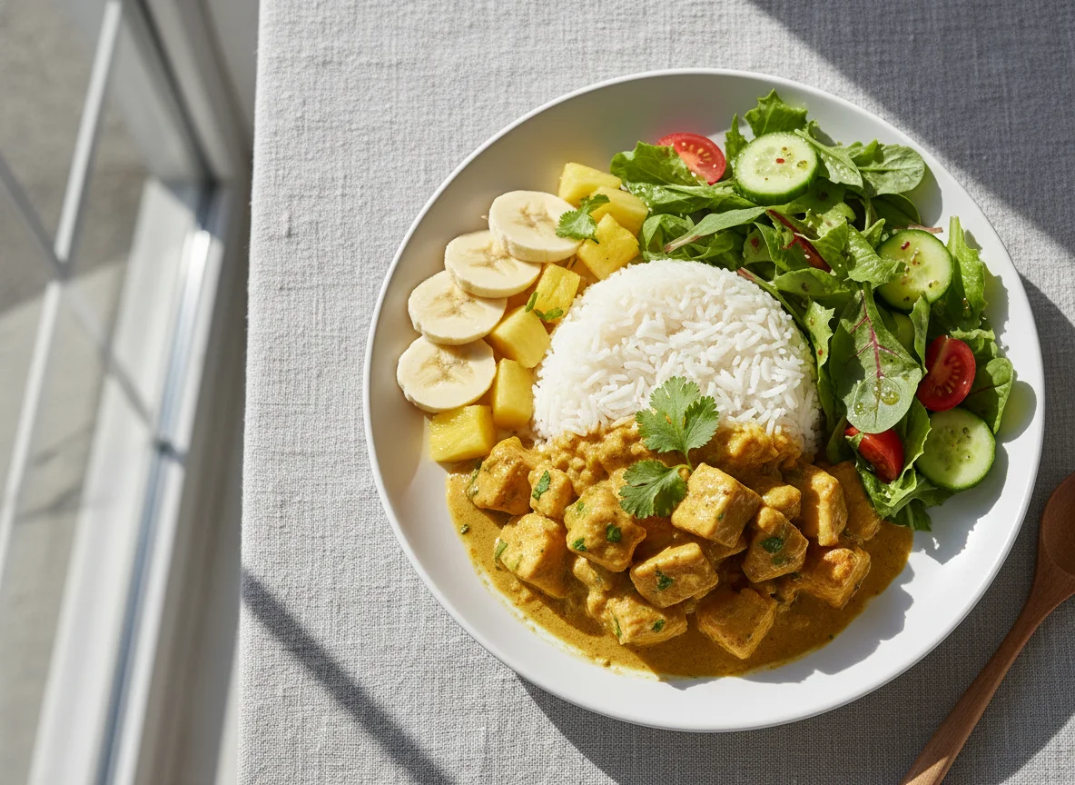 Hähnchen-Curry mit Reis, Banane, Ananas und Salat photo